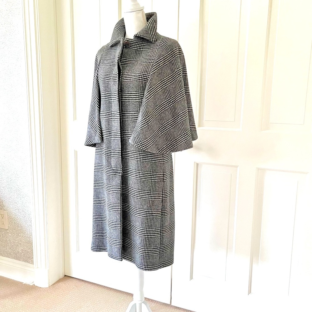 NWT Zara black white plaid wool blend capelet coat XS